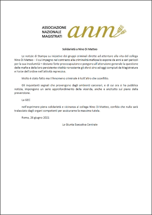 Carta del ANM en apoyo a Nino Di Matteo